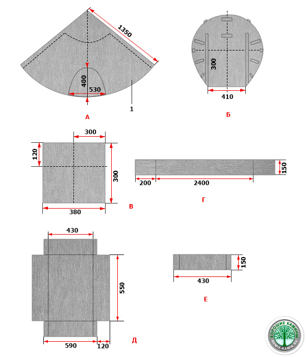 Рис. 61. Шаблоны для основных деталей камина (размеры указаны в миллиметрах)