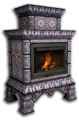 Печь-камин КОСТРОМА пристенный двухъярусный (цвет изразцов роспись Март) КИМРпечь                    