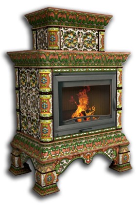 Печь-камин КОСТРОМА пристенный двухъярусный (цвет изразцов роспись Июль) КИМРпечь                        