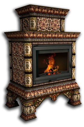 Печь-камин КОСТРОМА пристенный двухъярусный (цвет изразцов роспись Август) КИМРпечь                         