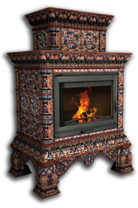 Печь-камин КОСТРОМА пристенный двухъярусный (цвет изразцов роспись Декабрь) КИМРпечь                             